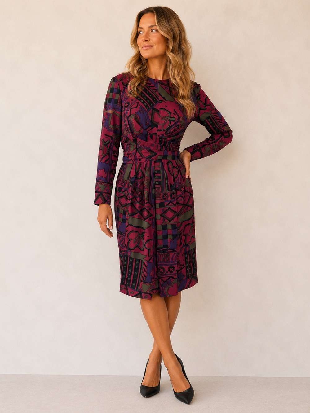 Vintage 80s Gillian Silk Abstract Print Dress Red Olive Size 8